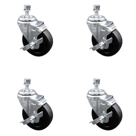 Service Caster 4 Inch SS Soft Rubber Wheel Swivel 12mm Threaded Stem Caster Set Brake SCC SCC-SSTS20S414-SRS-TLB-M1215-4
